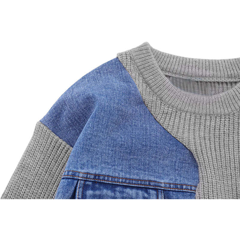 Style Core Aesthetics, New Style Trends Denim Patchwork Design Pullover Style Core Aesthetics, New Style Trends Denim Patchwork Design Pullover