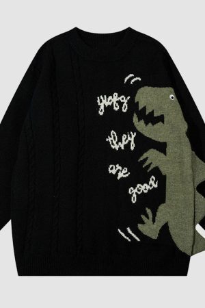 Style Core Aesthetics, New Style Trends Dinosaur Pattern Patchwork Solid Color Sweater