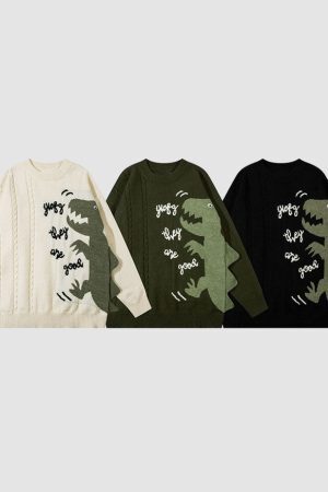 Style Core Aesthetics, New Style Trends Dinosaur Pattern Patchwork Solid Color Sweater