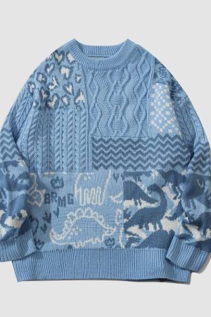 Style Core Aesthetics, New Style Trends Dinosaur Pattern Stitching Knit Sweater