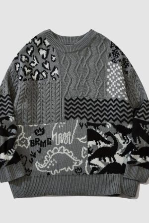 Style Core Aesthetics, New Style Trends Dinosaur Pattern Stitching Knit Sweater