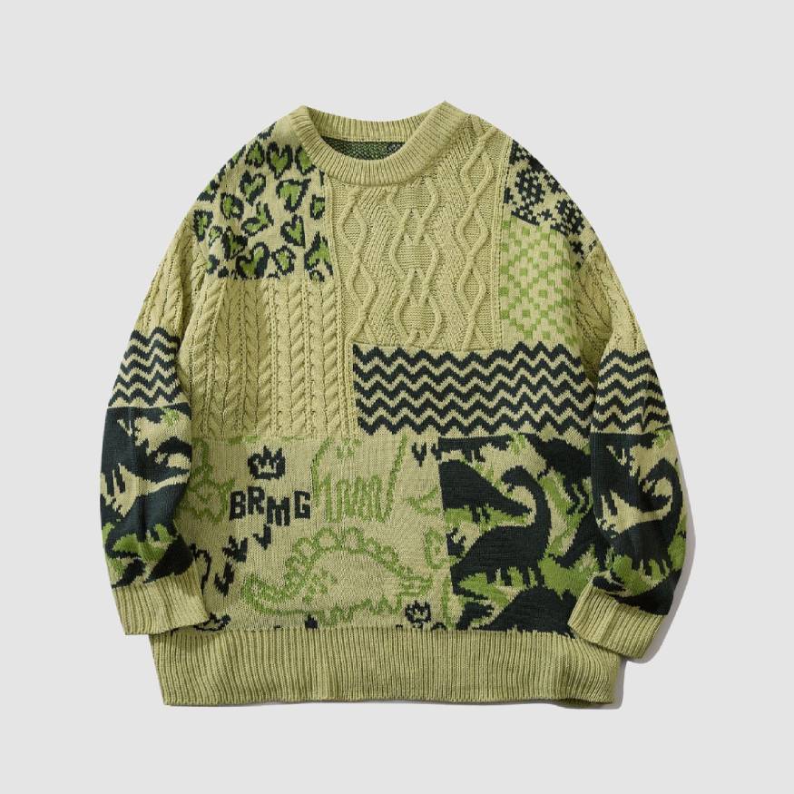 Style Core Aesthetics, New Style Trends Dinosaur Pattern Stitching Knit Sweater