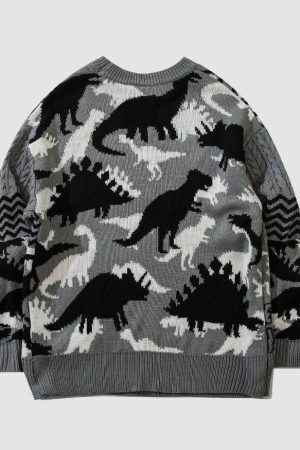 Style Core Aesthetics, New Style Trends Dinosaur Pattern Stitching Sweater