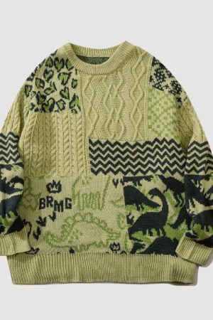 Style Core Aesthetics, New Style Trends Dinosaur Pattern Stitching Sweater