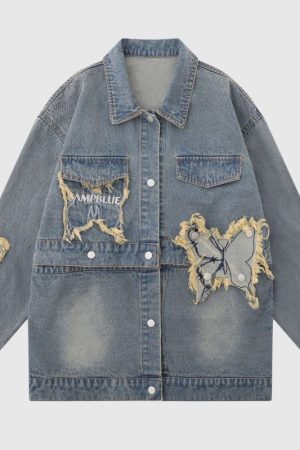 Style Core Aesthetics, New Style Trends Distressed Denim Butterfly Embroidered Jacket