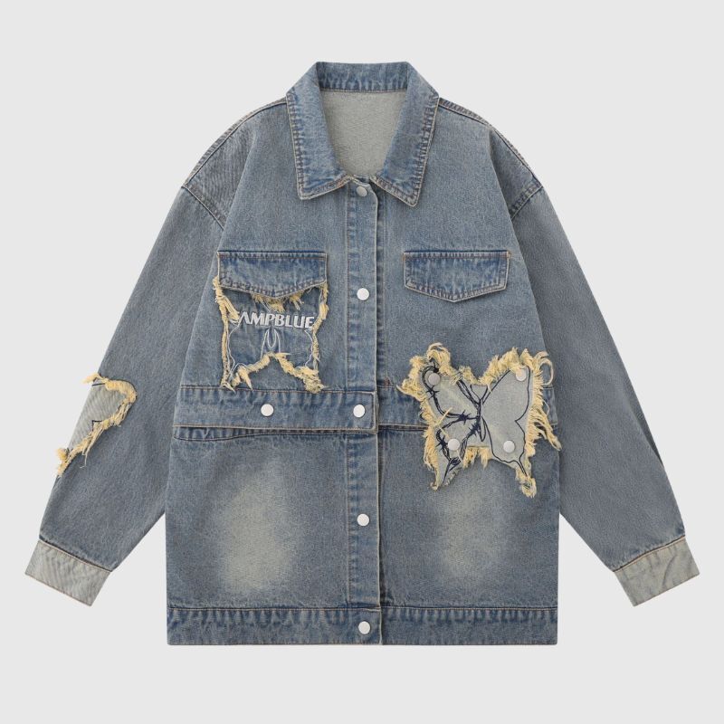 Style Core Aesthetics, New Style Trends Distressed Denim Butterfly Embroidered Jacket