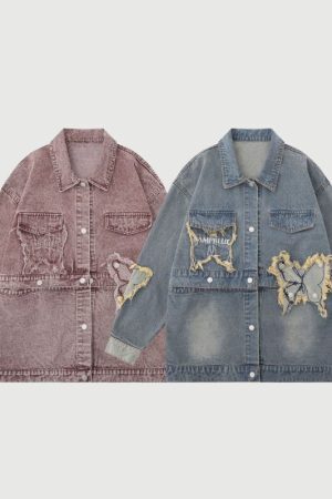 Style Core Aesthetics, New Style Trends Distressed Denim Butterfly Embroidered Jacket
