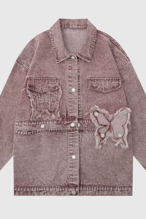 Style Core Aesthetics, New Style Trends Distressed Denim Butterfly Embroidered Jacket