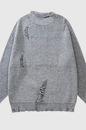 Style Core Aesthetics, New Style Trends Distressed Design Round Neck Sweater