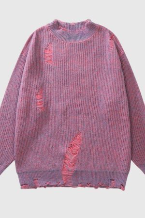 Style Core Aesthetics, New Style Trends Distressed Design Round Neck Sweater