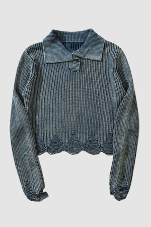 Style Core Aesthetics, New Style Trends Distressed & Ripped Turndown Collar Cropped Sweater