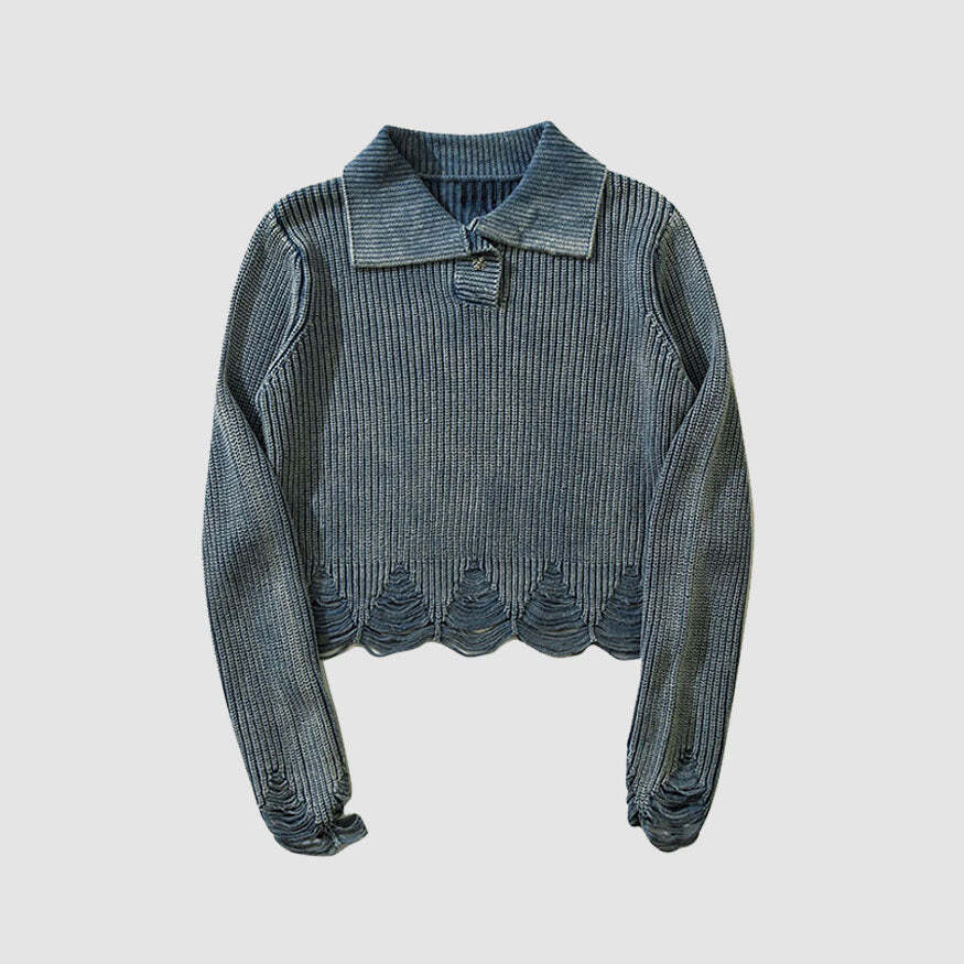 Style Core Aesthetics, New Style Trends Distressed & Ripped Turndown Collar Cropped Sweater