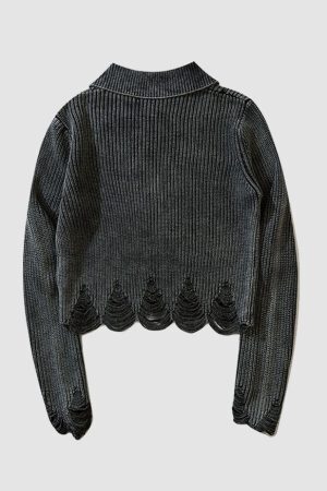 Style Core Aesthetics, New Style Trends Distressed & Ripped Turndown Collar Cropped Sweater