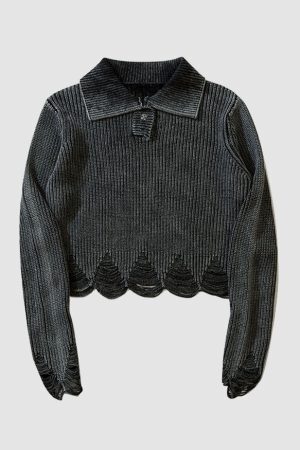 Style Core Aesthetics, New Style Trends Distressed & Ripped Turndown Collar Cropped Sweater