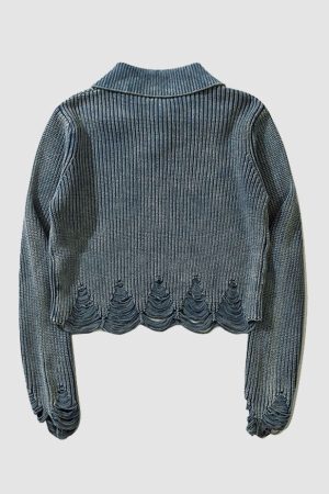 Style Core Aesthetics, New Style Trends Distressed & Ripped Turndown Collar Cropped Sweater