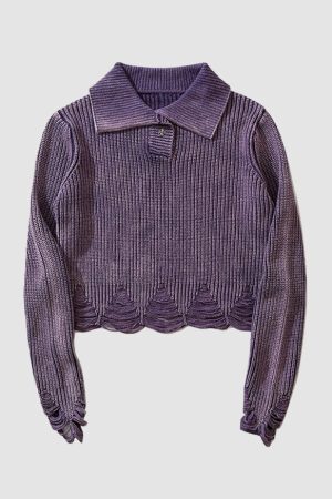 Style Core Aesthetics, New Style Trends Distressed & Ripped Turndown Collar Cropped Sweater