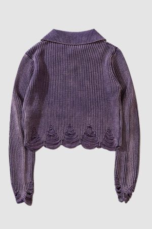 Style Core Aesthetics, New Style Trends Distressed & Ripped Turndown Collar Cropped Sweater