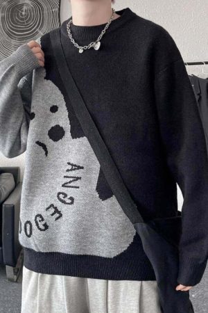 Style Core Aesthetics, New Style Trends Dog Graphic Two-Tone Knit Sweater