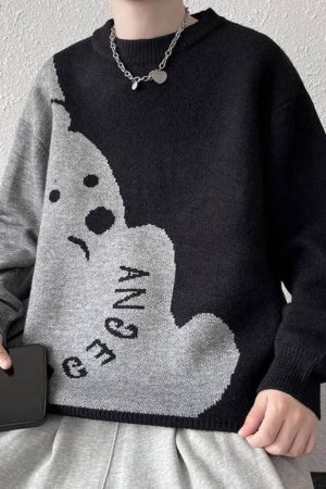 Style Core Aesthetics, New Style Trends Dog Graphic Two-Tone Knit Sweater