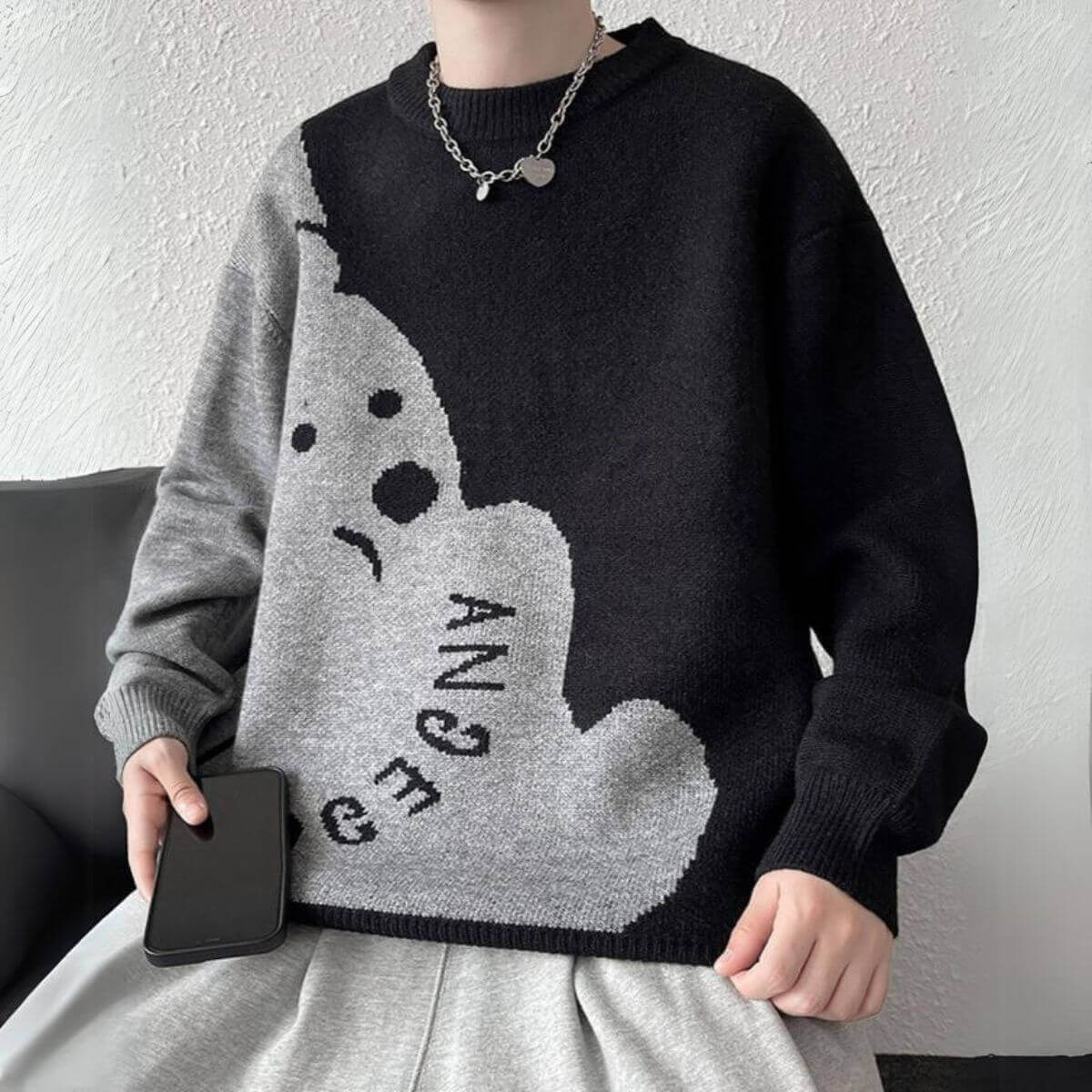 Style Core Aesthetics, New Style Trends Dog Graphic Two-Tone Knit Sweater Style Core Aesthetics, New Style Trends Dog Graphic Two-Tone Knit Sweater
