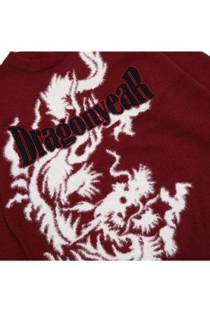 Style Core Aesthetics, New Style Trends Dragon Pattern Jacquard Letter Embroidered Sweater