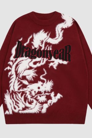 Style Core Aesthetics, New Style Trends Dragon Pattern Jacquard Letter Embroidered Sweater