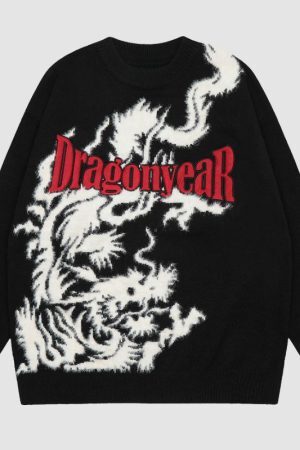 Style Core Aesthetics, New Style Trends Dragon Pattern Jacquard Letter Embroidered Sweater