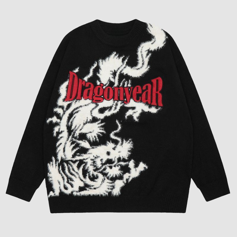 Style Core Aesthetics, New Style Trends Dragon Pattern Jacquard Letter Embroidered Sweater