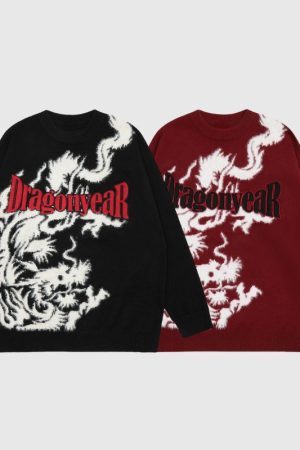 Style Core Aesthetics, New Style Trends Dragon Pattern Jacquard Letter Embroidered Sweater