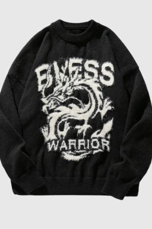 Style Core Aesthetics, New Style Trends Dragon-Themed Loose Knit Sweater