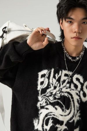 Style Core Aesthetics, New Style Trends Dragon-Themed Loose Knit Sweater