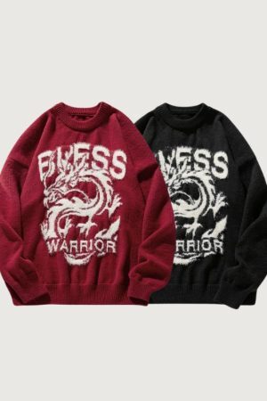 Style Core Aesthetics, New Style Trends Dragon-Themed Loose Knit Sweater