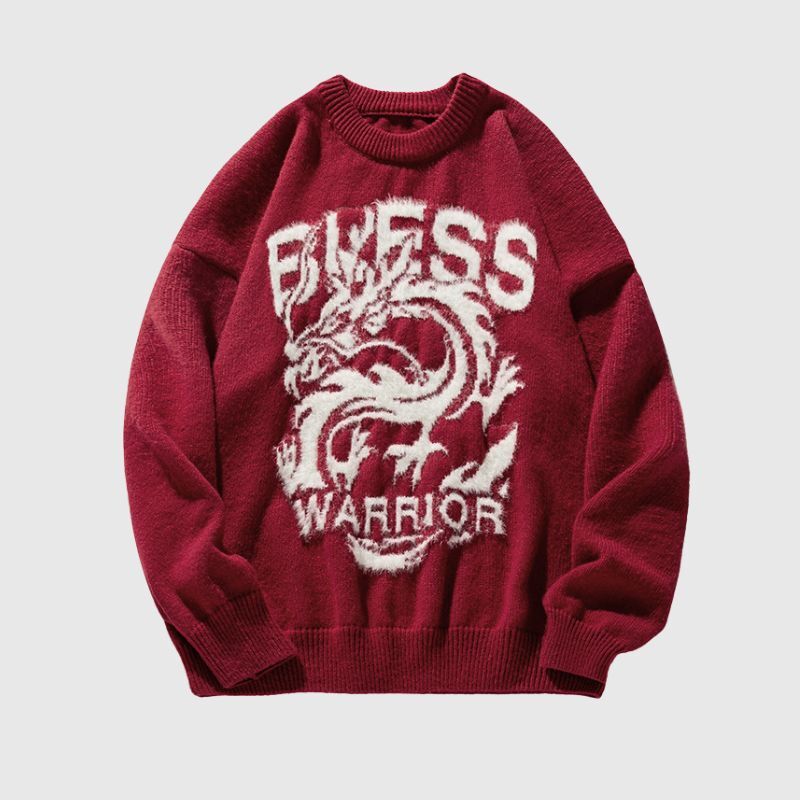 Style Core Aesthetics, New Style Trends Dragon-Themed Loose Knit Sweater