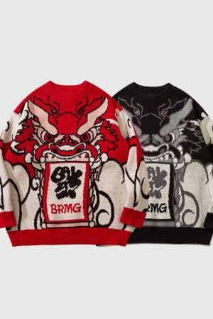 Style Core Aesthetics, New Style Trends Dragon-Themed Oversized Sweater