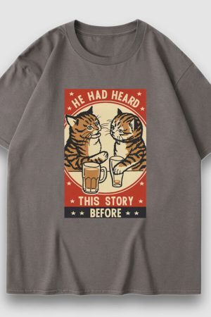 Style Core Aesthetics, New Style Trends Drinking Cat Cartoon Print Tee