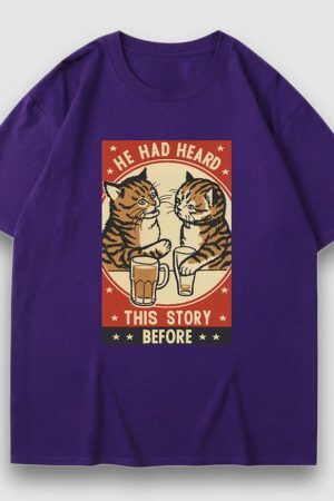 Style Core Aesthetics, New Style Trends Drinking Cat Cartoon Print Tee