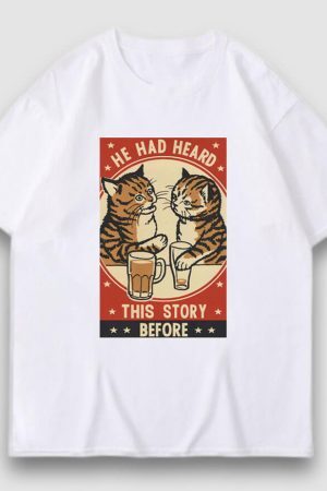 Style Core Aesthetics, New Style Trends Drinking Cat Cartoon Print Tee