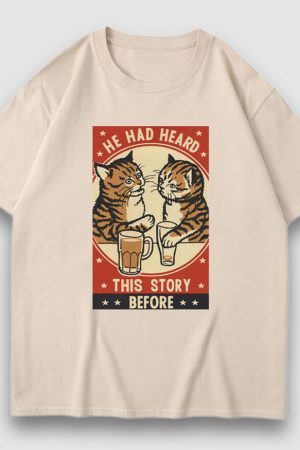 Style Core Aesthetics, New Style Trends Drinking Cat Cartoon Print Tee