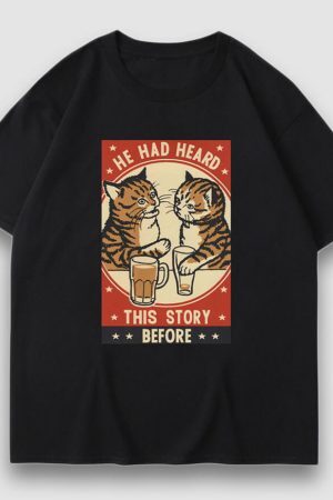 Style Core Aesthetics, New Style Trends Drinking Cat Cartoon Print Tee