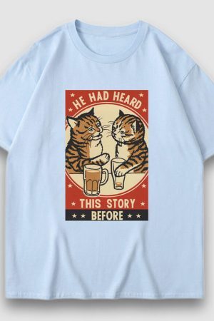 Style Core Aesthetics, New Style Trends Drinking Cat Cartoon Print Tee
