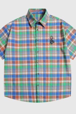 Style Core Aesthetics, New Style Trends Embroidered Bear Plaid Shirt