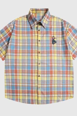 Style Core Aesthetics, New Style Trends Embroidered Bear Plaid Shirt