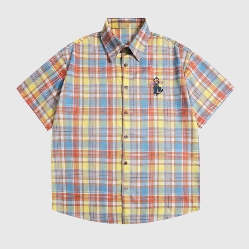 Style Core Aesthetics, New Style Trends Embroidered Bear Plaid Shirt