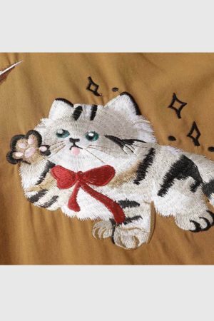 Style Core Aesthetics, New Style Trends Embroidered Cat Cotton Shirt