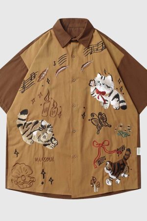 Style Core Aesthetics, New Style Trends Embroidered Cat Cotton Shirt