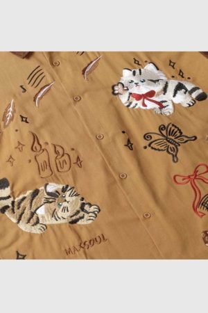 Style Core Aesthetics, New Style Trends Embroidered Cat Cotton Shirt
