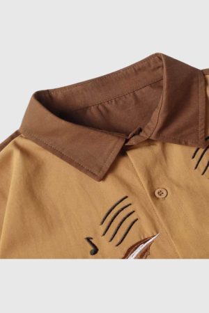 Style Core Aesthetics, New Style Trends Embroidered Cat Cotton Shirt