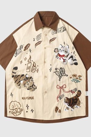 Style Core Aesthetics, New Style Trends Embroidered Cat Cotton Shirt