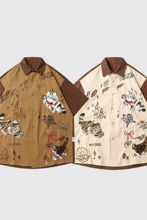 Style Core Aesthetics, New Style Trends Embroidered Cat Cotton Shirt