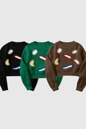 Style Core Aesthetics, New Style Trends Embroidered Patchwork Cute Short Knit Sweater